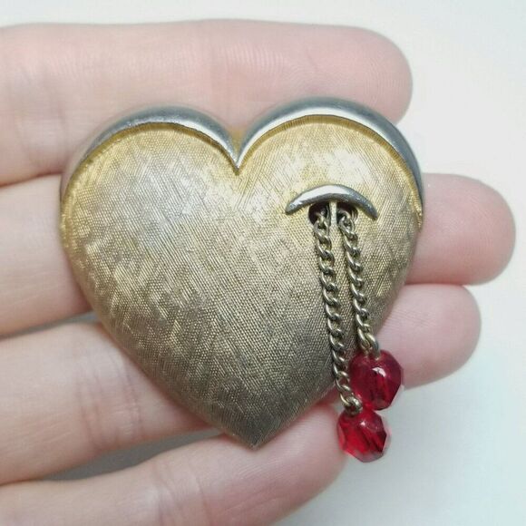 Vintage JJ Heart Shape Crying Eye Brooch, Gold Tone, Red Beads, Signed Estate - Picture 7 of 7